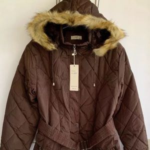 Nf Brown Quilted Puffer Hooded Jacket Medium